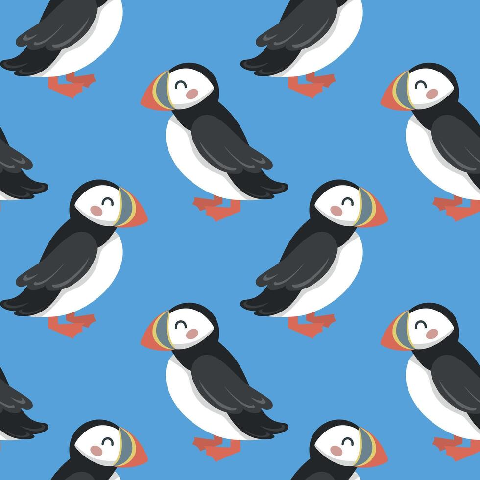 Seamless pattern with cute hand draw cartoon puffin on blue background. Design for printing, textile, fabric. Vector illustration