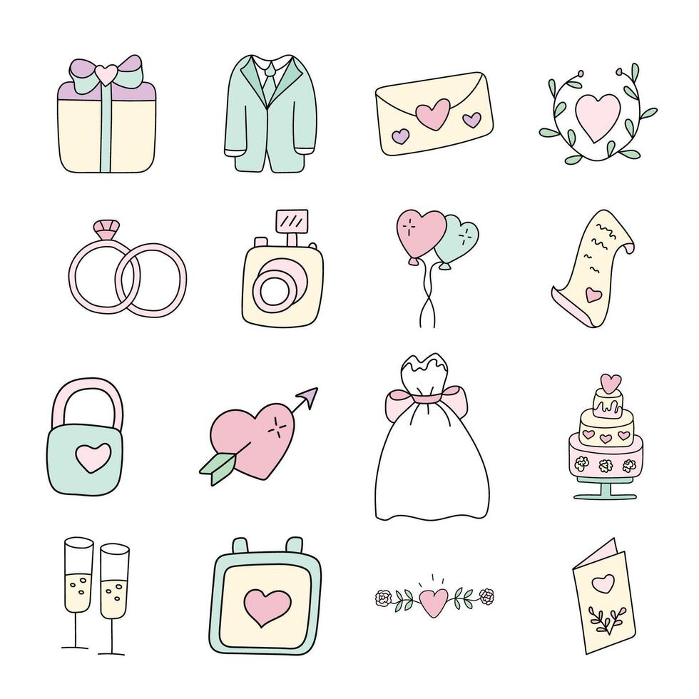 Wedding set.Vector illustration in doodle style. vector