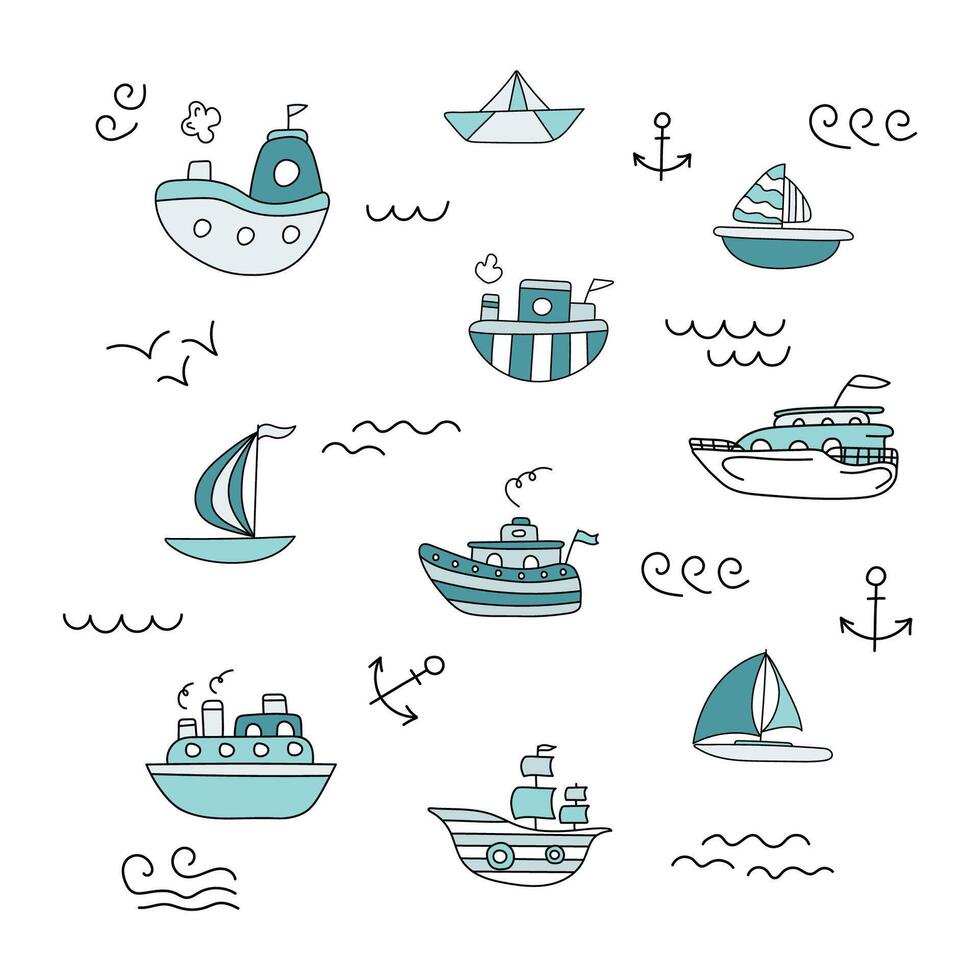 Set of Ships in doodle style. Vector illustration.