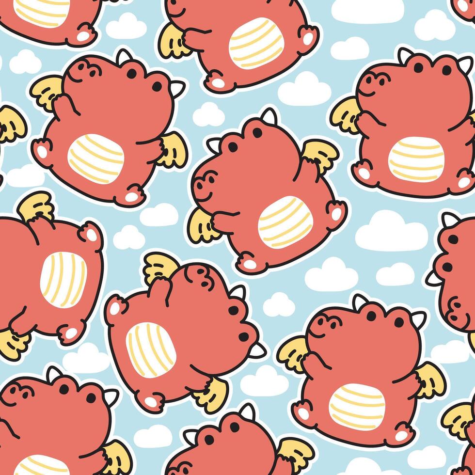 Seamless pattern of cute chubby dragon with cloud on sky background.Chinese animal character cartoon design.Image for card,poster,baby clothing.Kawaii.Vector.Illustration. vector