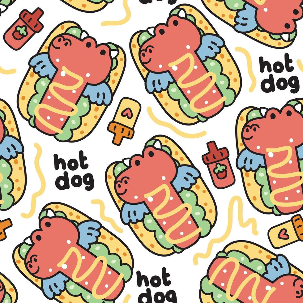 Seamless pattern of cute dragon in hot dog with ketchup and mustard on white background.Animal character cartoon design.Fast food.Dinosaur.Kawaii.Vector.Illustration. vector