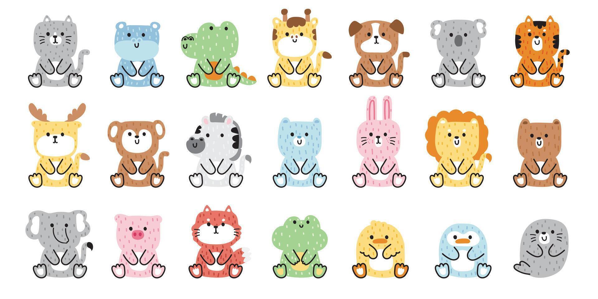 Big set of cute animals soft hair in sit position.Animal character cartoon design.Kid graphic.Wild,rodent,reptile,farm collection.Relax.Kawaii.Vector.Illustration. vector