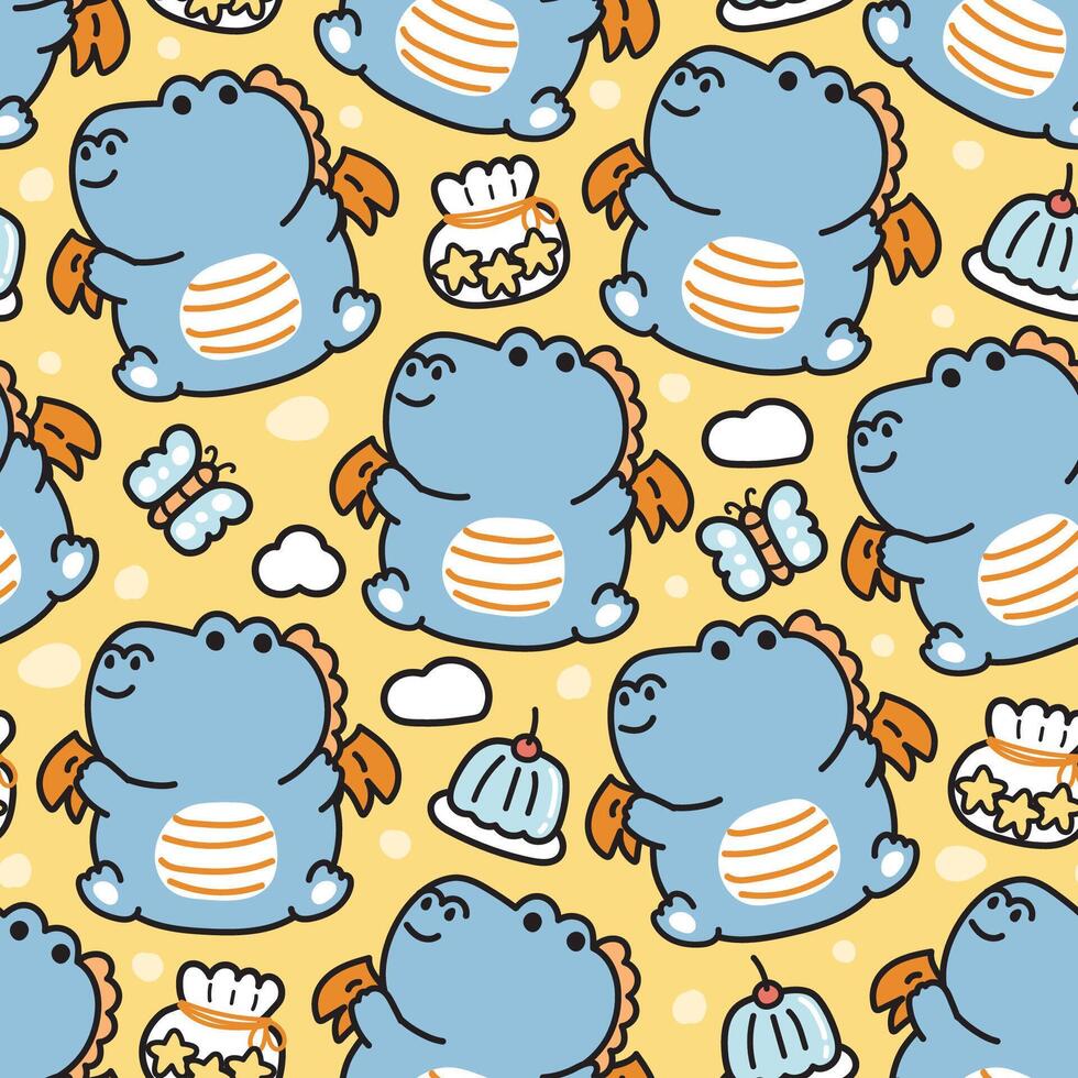 Seamless pattern of cute chubby dragon with jelly butterfly cloud and star cookies on background.Chinese animal character cartoon design.Dinosaur.Kawaii.Vector.Illustration. vector
