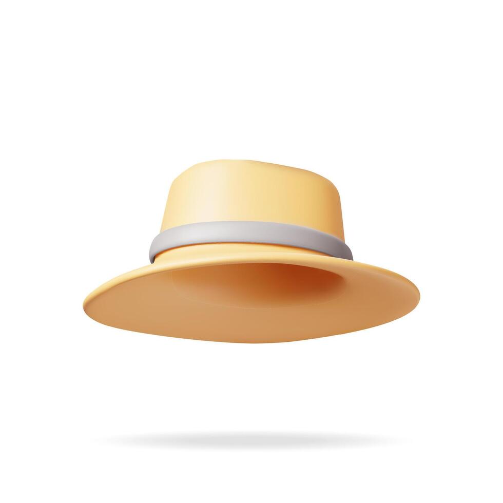 3d Unisex Straw Hat Isolated on White. Render Straw Sunhat with Ribbon. Yellow Summer Bonnet. Concept of Summer Vacation or Holiday, Time to Travel. Beach Relaxation. Realistic Vector Illustration