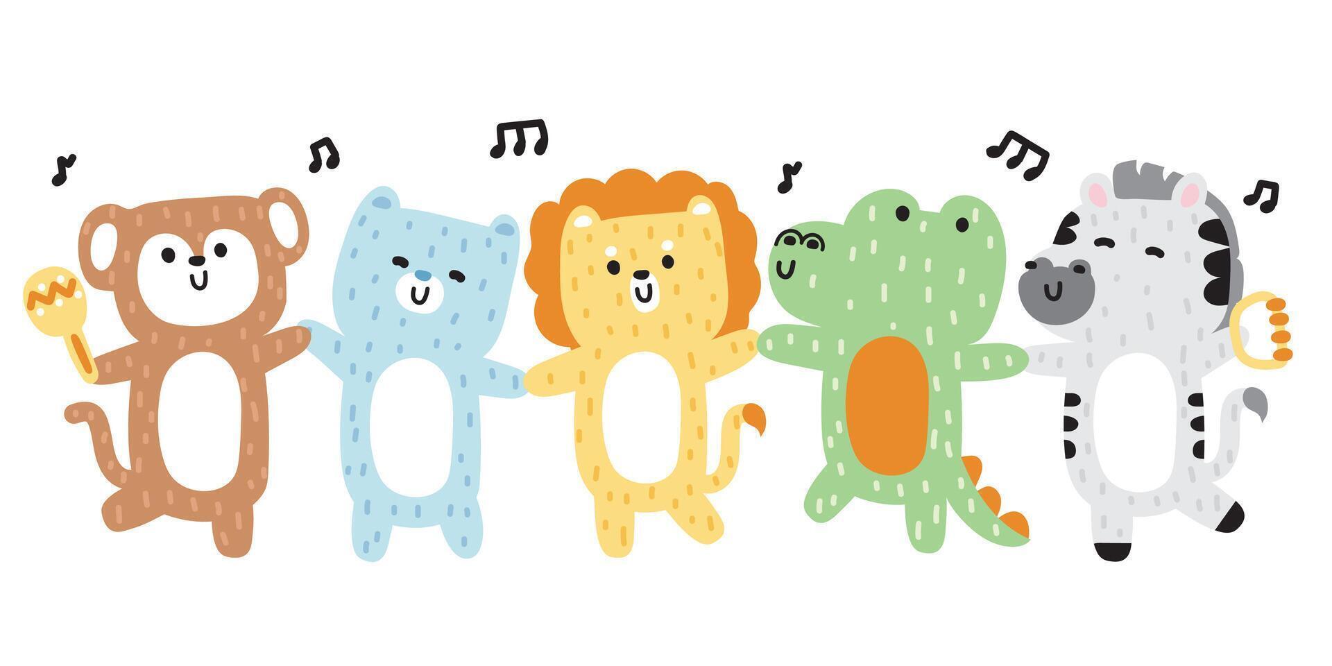 conjunto de linda contento animales bailando en blanco fondo.salvaje y reptil animal suave pelo personaje dibujos animados diseño.mono,oso,león,cocodrilo,cebra mano dibujado colección.kawaii.vector.ilustracion. vector