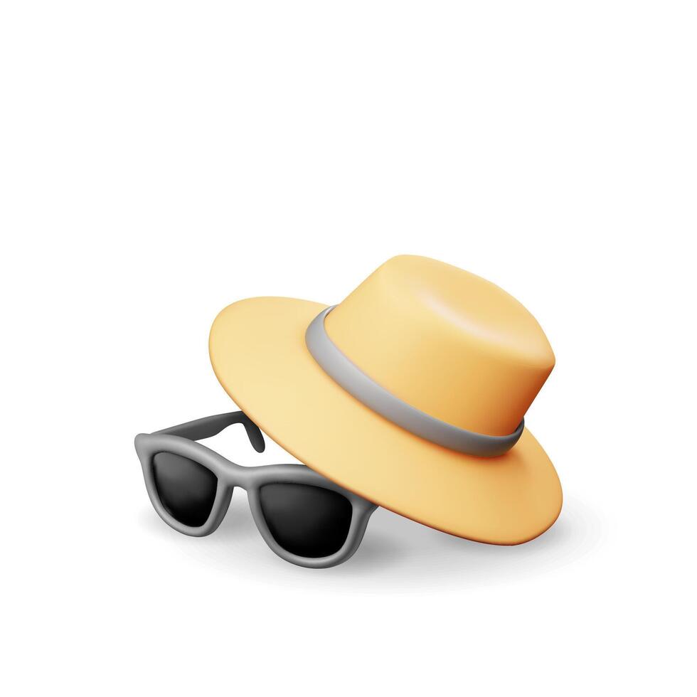 3d Black Sunglasses and Straw Hat Icon Isolated on White. Render Sun Glasses and Cap Symbol. Concept of Summer Vacation or Holiday, Time to Travel. Beach Relaxation. Realistic Vector Illustration