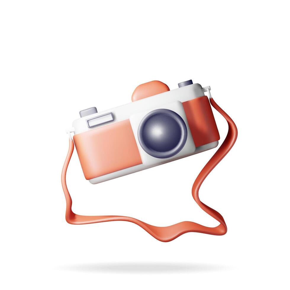 3d Vintage Camera Isolated on White. Render Classic Photo Camera Icon. Concept of Vacation or Holiday, Time to Travel. Realistic Vector Illustration