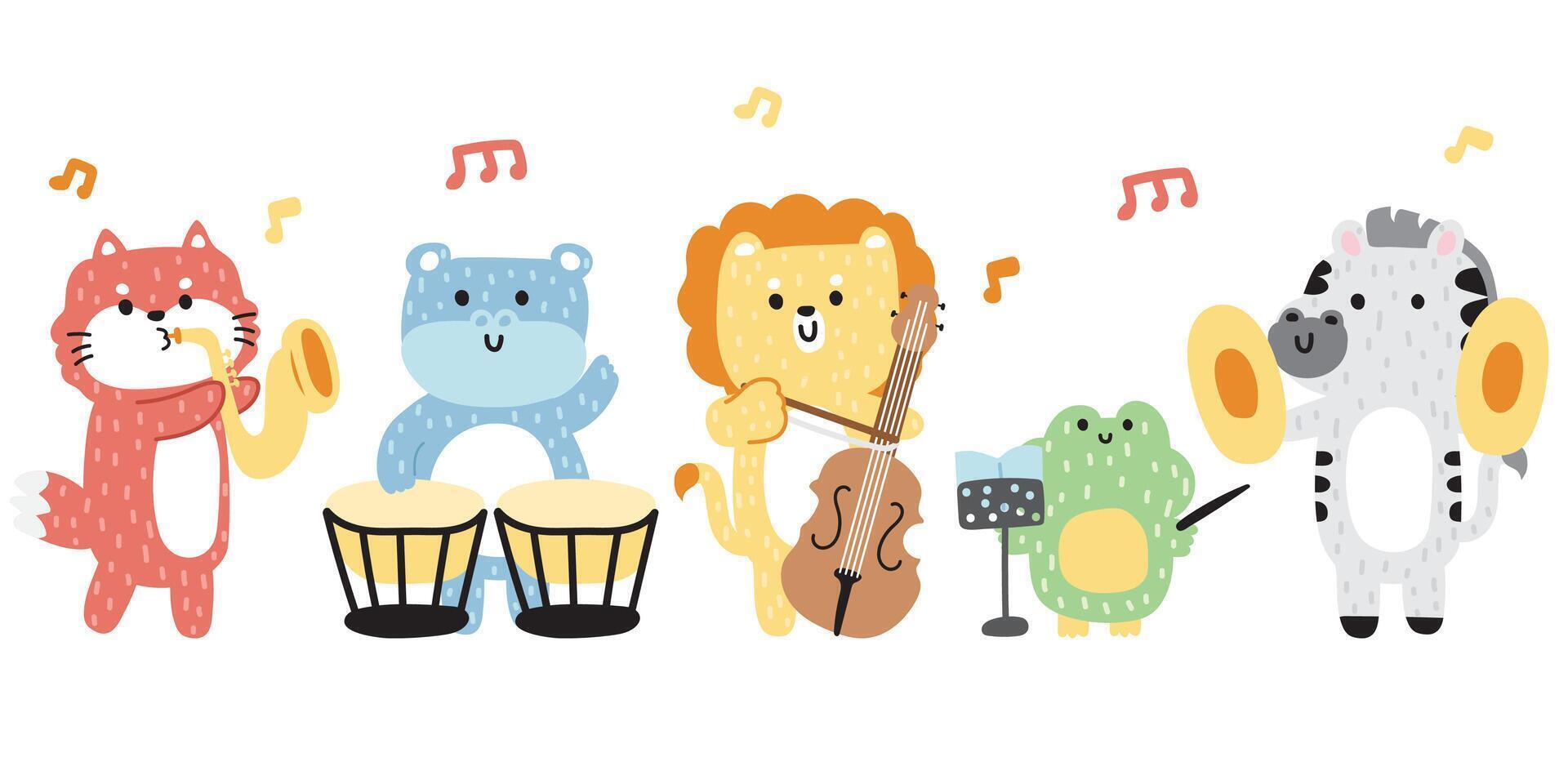 Set of cute animal soft hair playing musical instruments.Concert.Music.Song.Fox,hippopotamus,lion,frog,zebra hand drawn.Character cartoon design.Kawaii.Vector.Illustration. vector