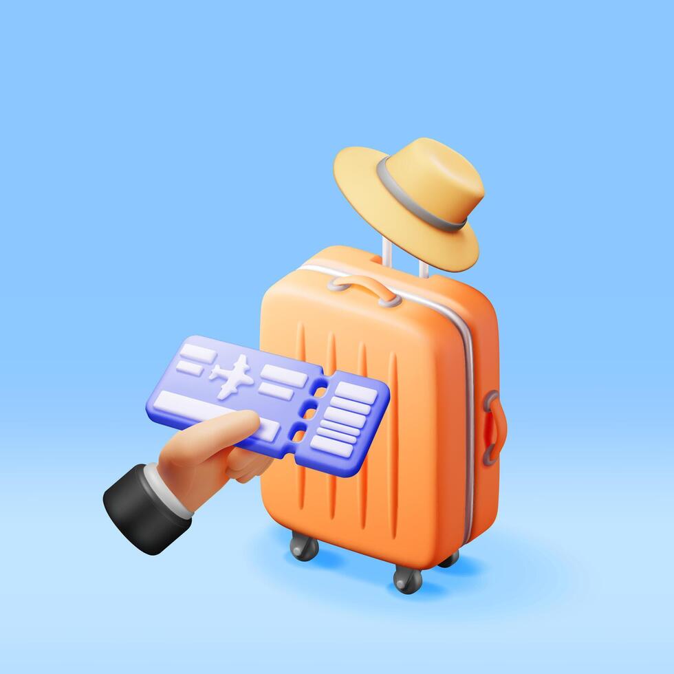 3d Airline Ticket, Travel Bag and Summer Hat. Render Paper Ticket with Plane Icon, Suitcase and Straw Hat. Travel Element. Holiday or Vacation. Transportation Document. Vector Illustration