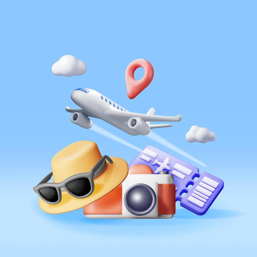 3d Airline Ticket, Sunglasses with Hat, Photo Camera and Airplane. Render Paper Ticket with Plane Icon, Glasses. Travel Element. Holiday or Vacation. Transportation Document. Vector Illustration