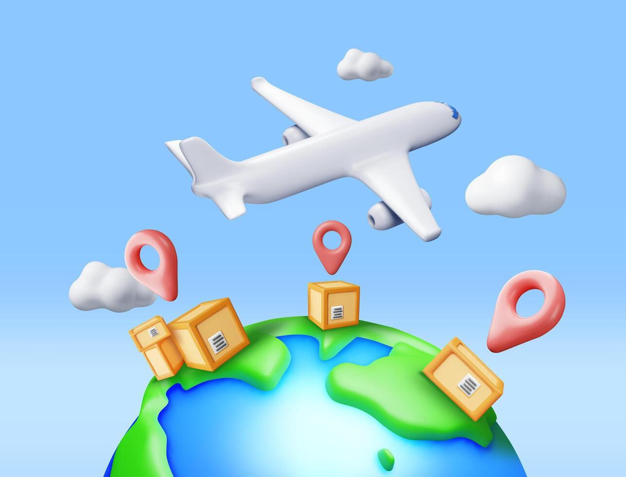 3D Delivery Airplane, Globe and Cardboard Box Isolated. Render Express Delivering Services Commercial Plane. Concept of Fast and Free Delivery by Aircraft. Cargo and Logistic. Vector Illustration