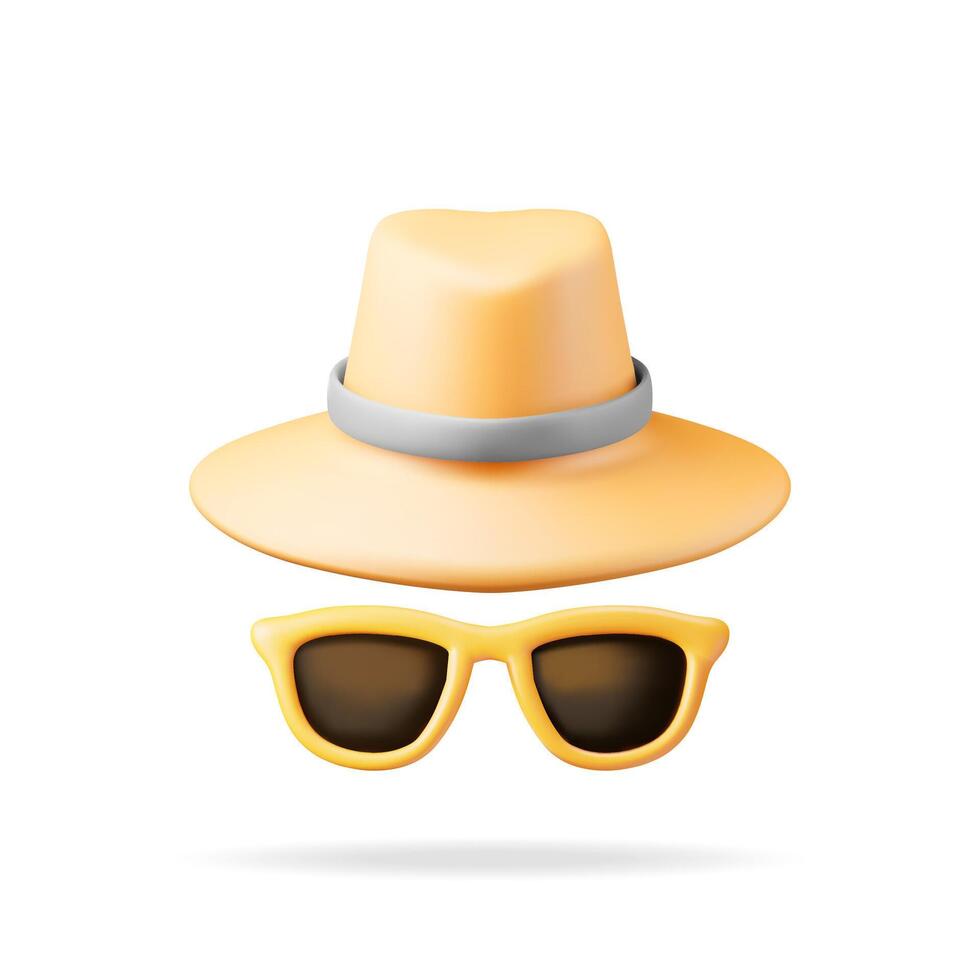 3d amarillo Gafas de sol y Paja sombrero icono aislado en blanco. hacer Dom lentes y gorra símbolo. concepto de verano vacaciones o día festivo, hora a viajar. playa relajación. realista vector ilustración