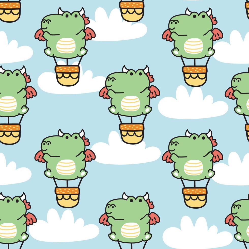 Seamless pattern of cute chubby dragon balloon with cloud on sky background.Chinese animal character cartoon design.Image for card,poster,baby clothing.Dinosaur.Kawaii.Vector.Illustration. vector