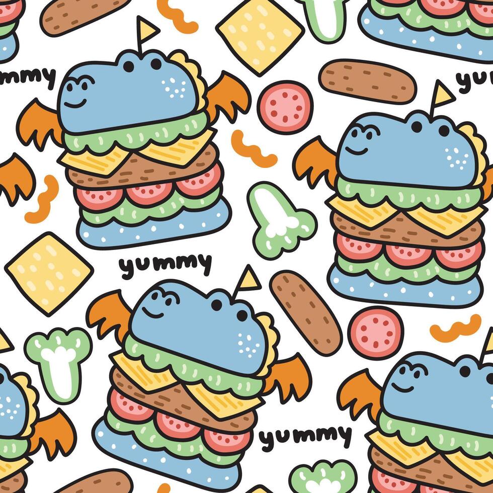 Seamless pattern of cute dragon cheese hamburger with ingredient on white background.Animal character cartoon design.Fast food.Dinosaur.Kawaii.Vector.Illustration. vector