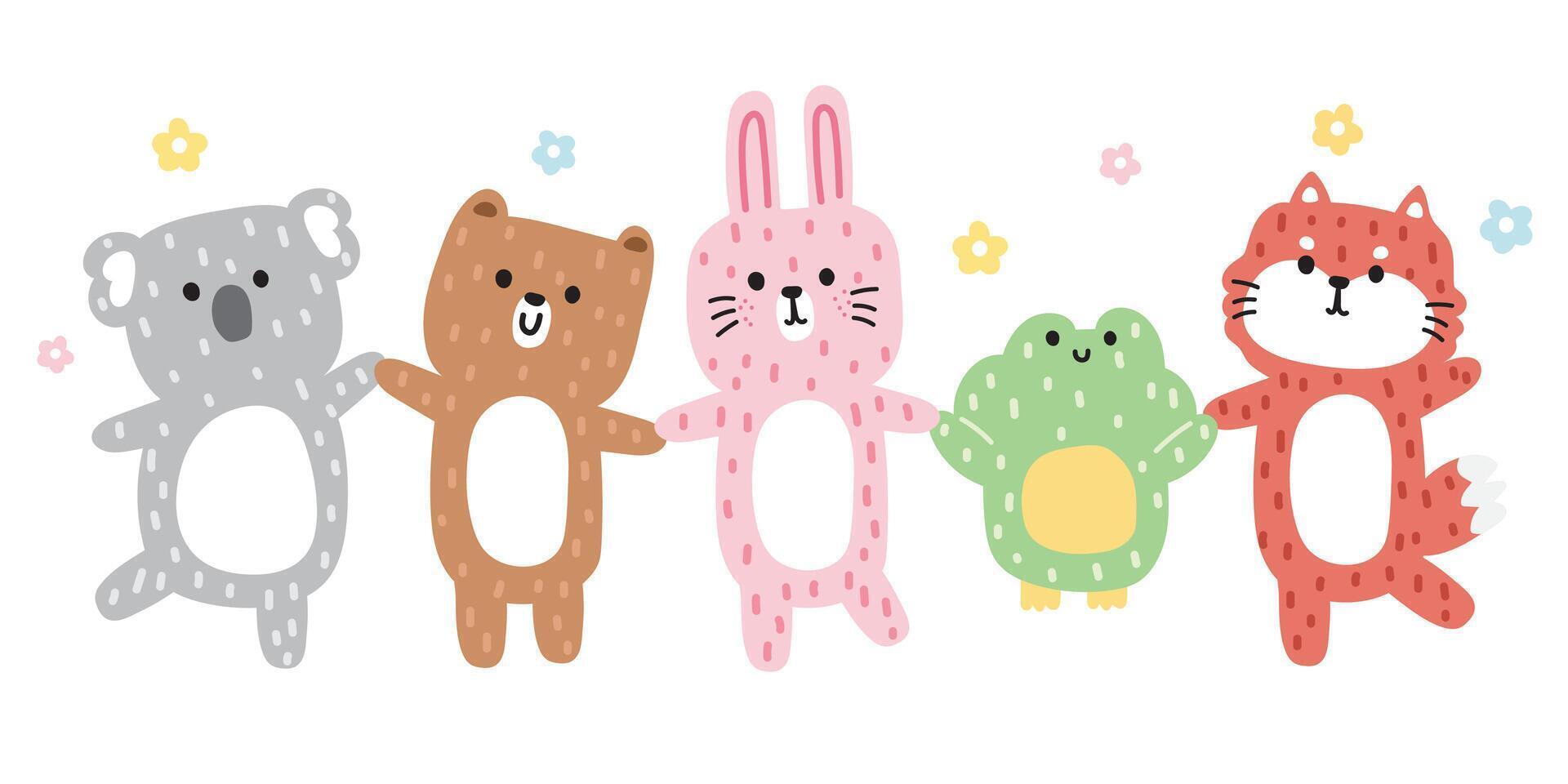 Set of cute happy feeling smile animals with flower on white background.Wild animal soft hair character cartoon design.Koala,bear,rabbit,frog,fox hand drawn collection.Kawaii.Vector.Illustration. vector