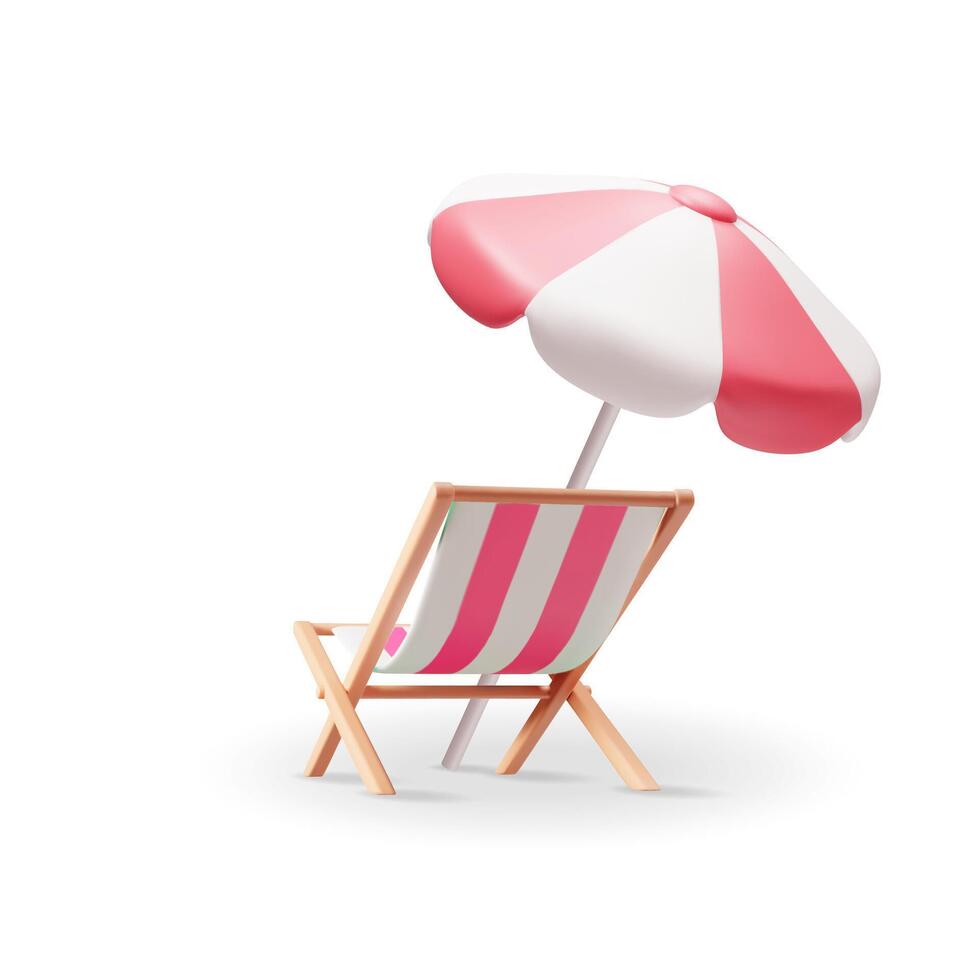 3d de madera coche postal salón con paraguas aislado. hacer Dom haragán, silla de cubierta, cama solar, playa silla. madera a rayas cubierta y sombrilla para broncearse en vacaciones. vector ilustración