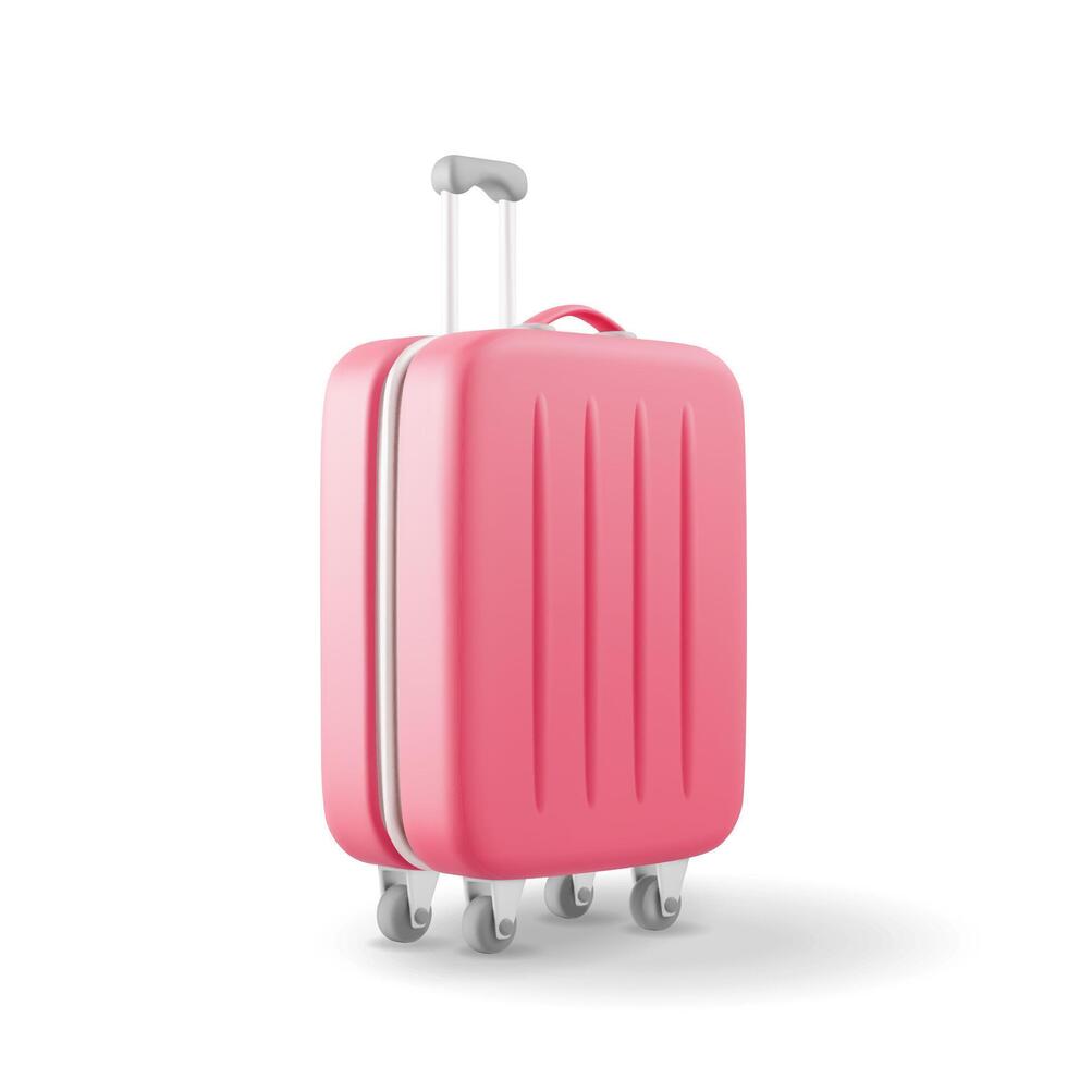 3D Red Travel Suitcase Isolated on White. Render Plastic Bag. Travel or Journey Concept. Plastic Case. Trolley on Wheels. Travel Baggage and Luggage. Realistic Vector Illustration