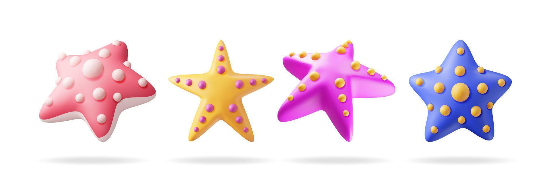 3d Set of Starfish Isolated on White. Render Collection of Star Fish icon. Tropical Beach Symbol. Sea Star, Marine or Ocean Animal. Concept of Summer Holiday or Vacation. Vector Illustration