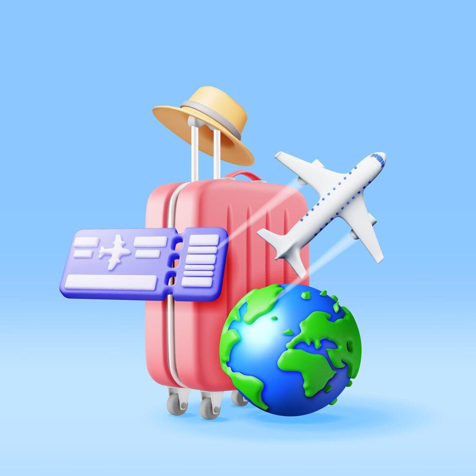 3d Airline Ticket, Travel Bag, Globe and Airplane. Render Paper Ticket with Plane Icon, Suitcase and Planet Earth. Travel Element. Holiday or Vacation. Transportation Document. Vector Illustration