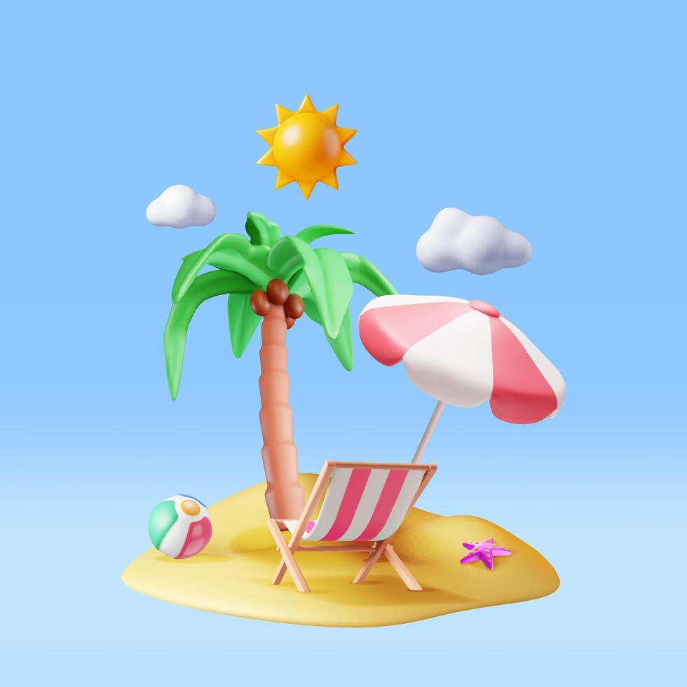 3D Deck Chair, Swim Ball, Starfish and Tropical Palm Tree. Tropical Island. Render Concept of Summer Vacation. Summer Holiday, Time to Travel. Beach Relaxation. Realistic Vector Illustration