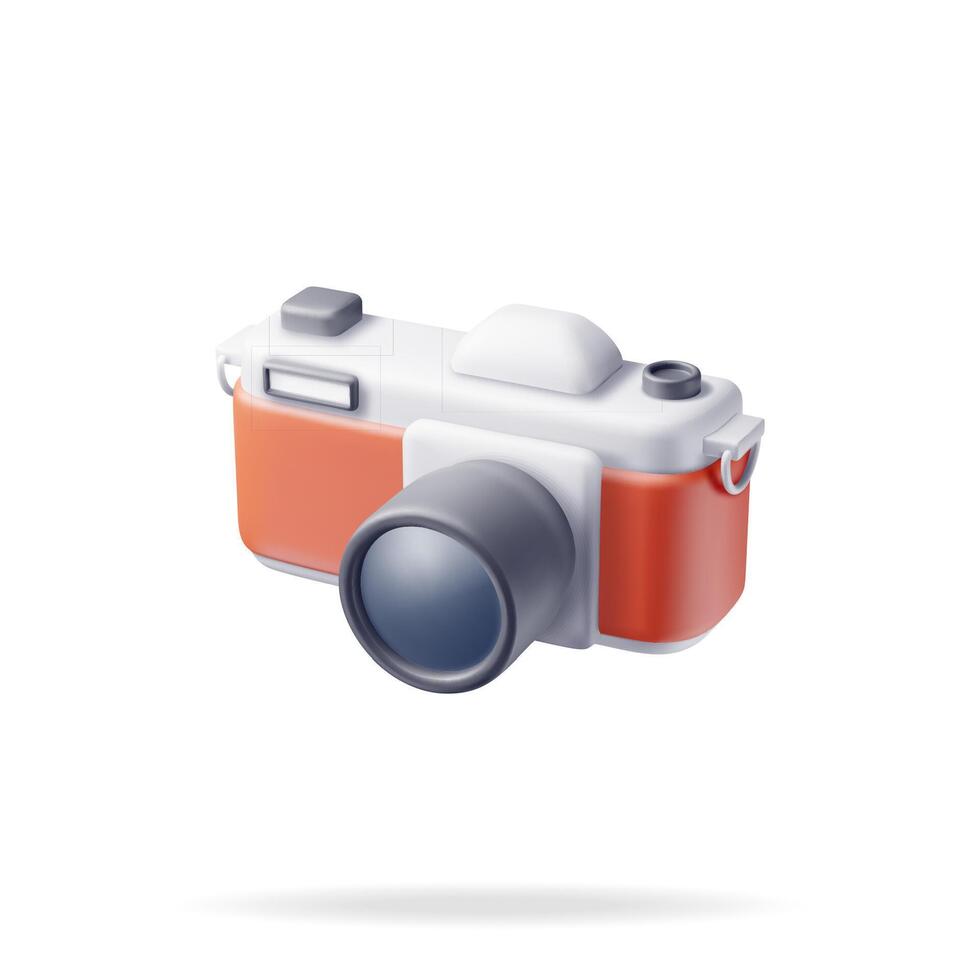 3d Vintage Camera Isolated on White. Render Classic Photo Camera Icon. Concept of Vacation or Holiday, Time to Travel. Realistic Vector Illustration