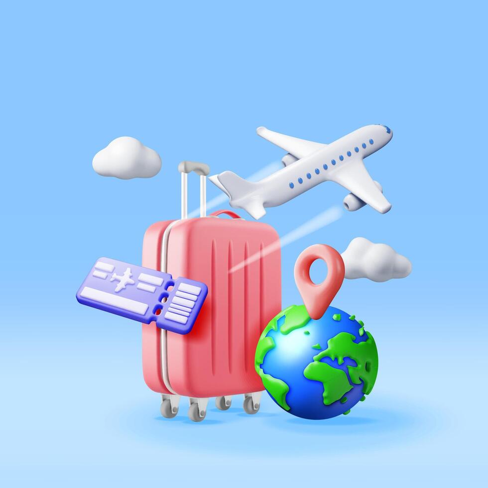 3d Airline Ticket, Travel Bag, Globe and Airplane. Render Paper Ticket with Plane Icon, Suitcase and Planet Earth. Travel Element. Holiday or Vacation. Transportation Document. Vector Illustration