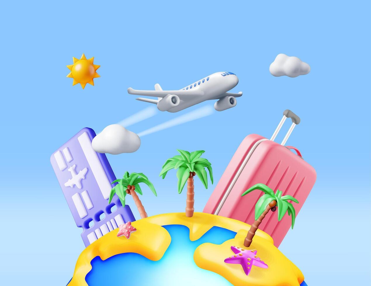 3D Landscape of Palm Tree on Beach, Airplane, Ticket and Bag. Render Tropical Island with Starfish. Sun with Clouds. Concept of Summer Vacation. Summer Holiday, Time to Travel. Vector Illustration