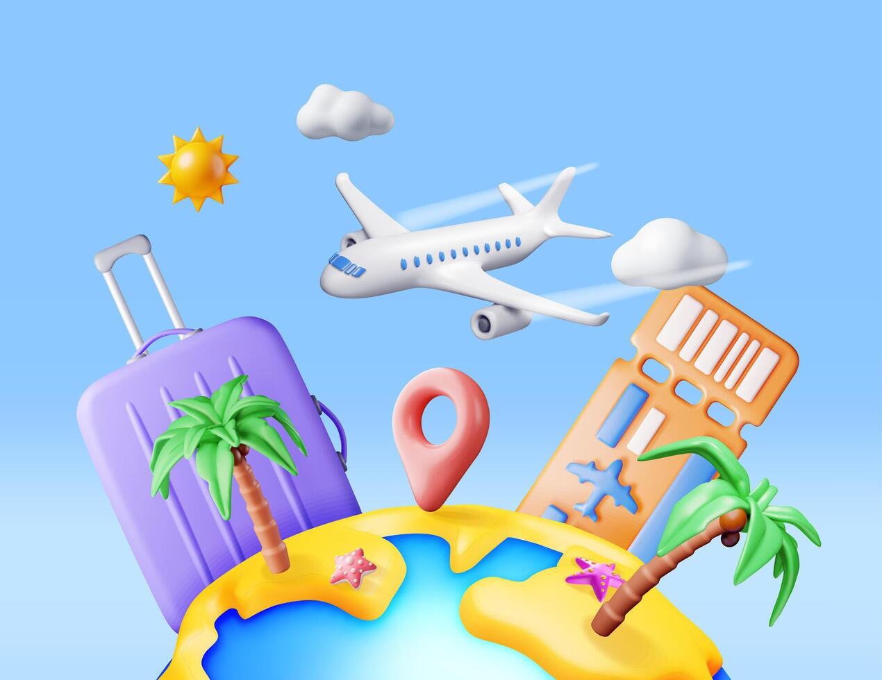 3D Landscape of Palm Tree on Beach, Airplane, Ticket and Bag. Render Tropical Island with Starfish. Sun with Clouds. Concept of Summer Vacation. Summer Holiday, Time to Travel. Vector Illustration