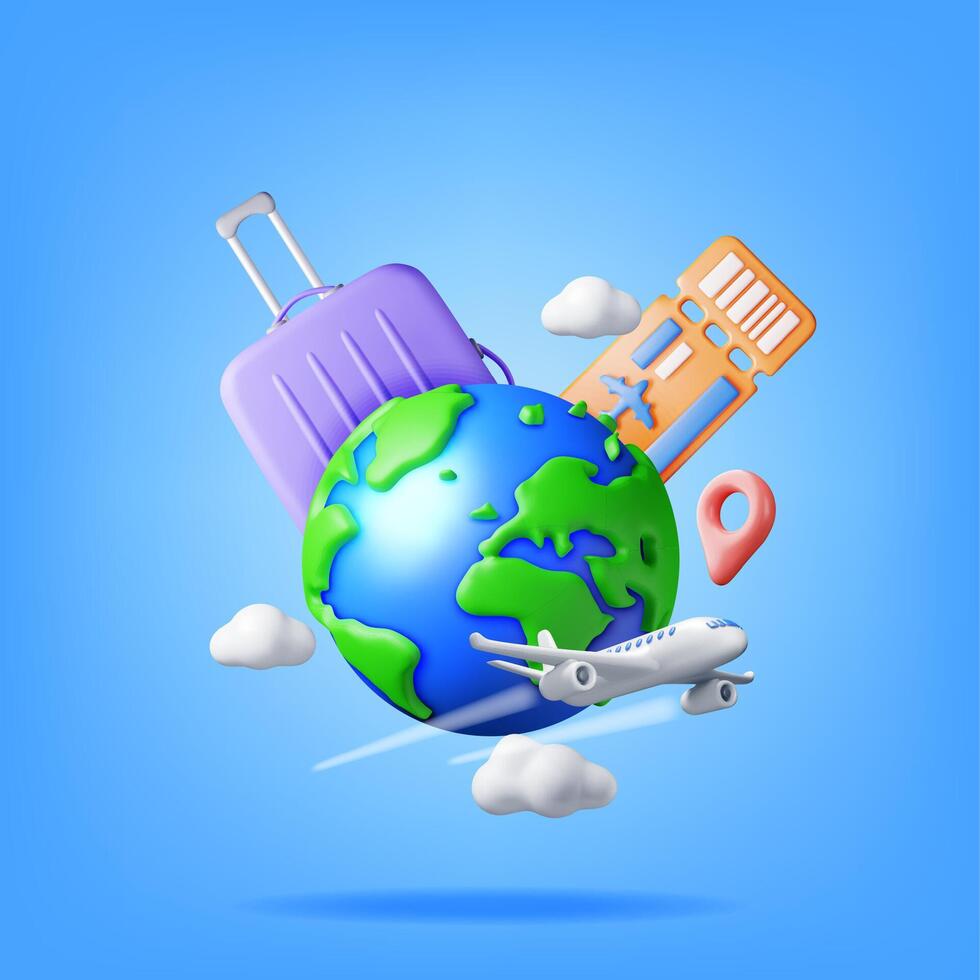 3d Airline Ticket, Travel Bag, Globe and Airplane. Render Paper Ticket with Plane Icon, Suitcase and Planet Earth. Travel Element. Holiday or Vacation. Transportation Document. Vector Illustration