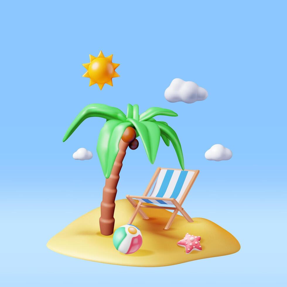 3D Deck Chair, Swim Ball, Starfish and Tropical Palm Tree. Tropical Island. Render Concept of Summer Vacation. Summer Holiday, Time to Travel. Beach Relaxation. Realistic Vector Illustration