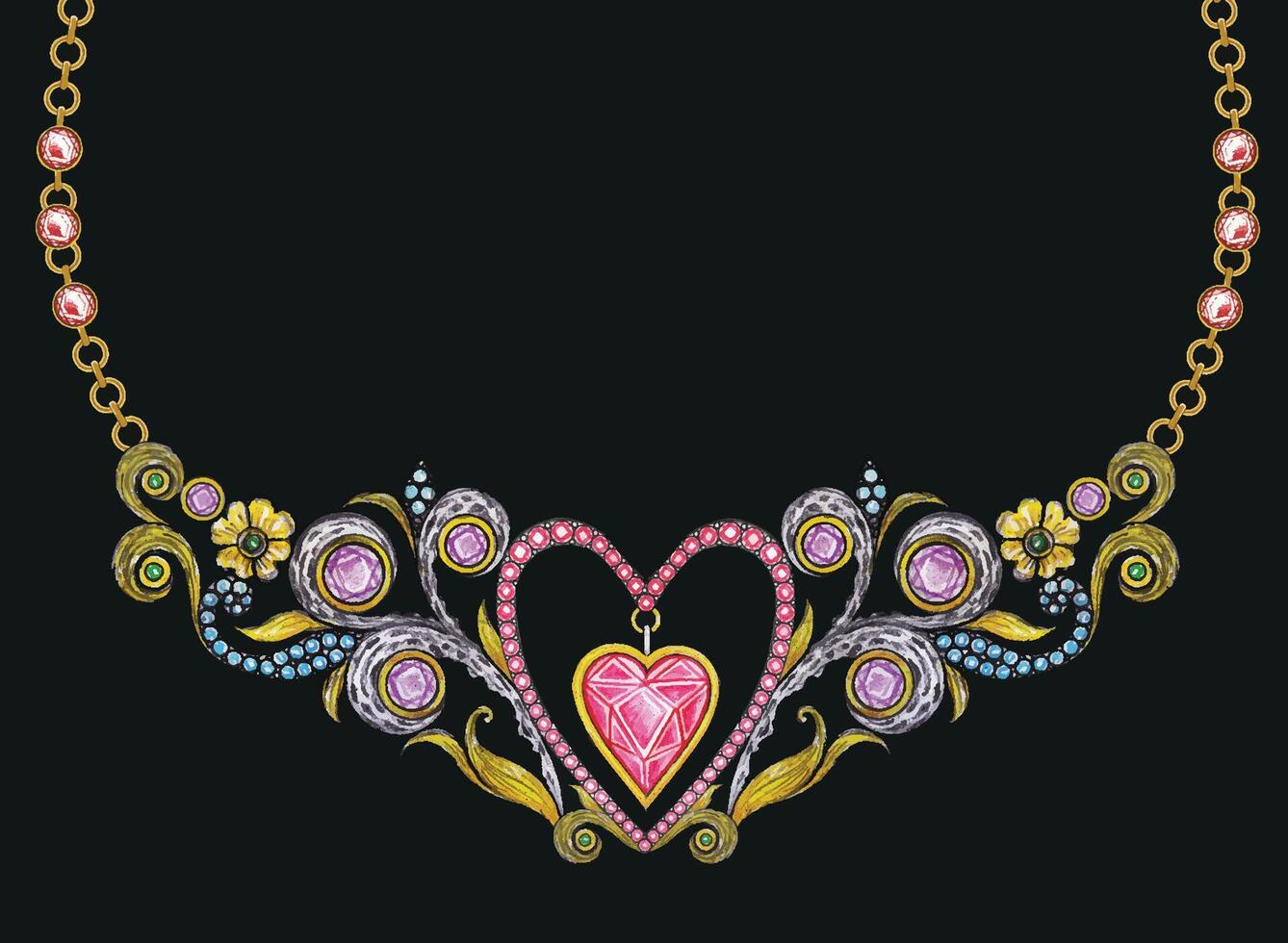 Jewelry design vintage art set with fancy sapphire gold necklace sketch by hand drawing. vector