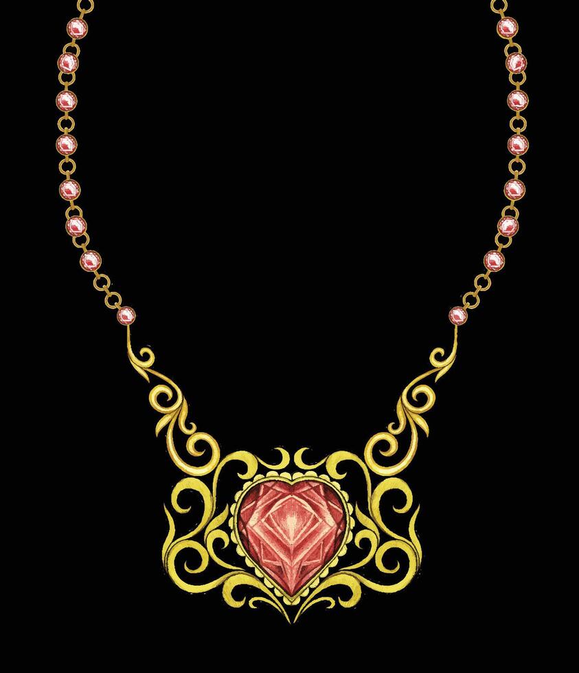 Jewelry design vintage art set ruby gold necklace sketch by hand drawing. vector