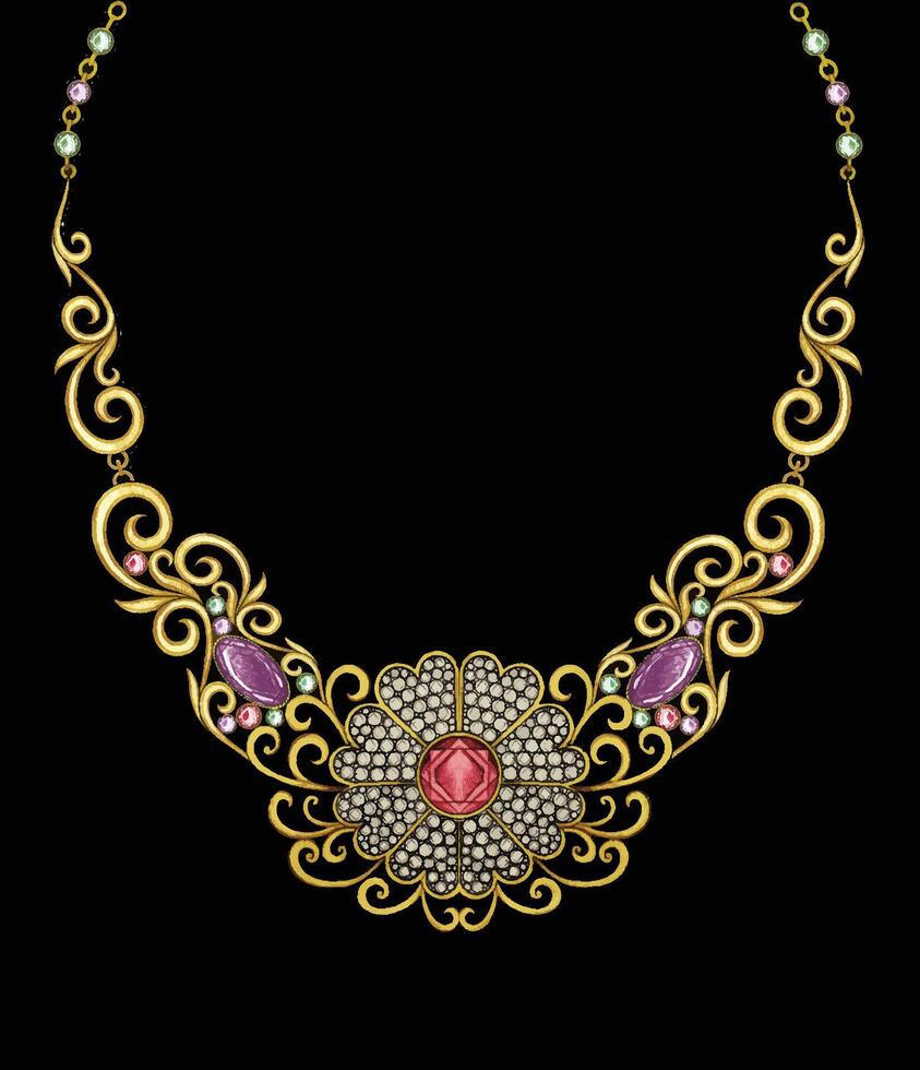 Jewelry design vintage art set with amethyst ruby and diamond gold necklace sketch by hand drawing. vector