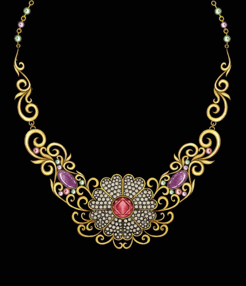 Jewelry design vintage art set with amethyst ruby and diamond gold necklace sketch by hand drawing. vector