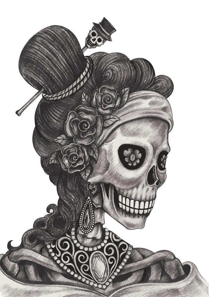 azúcar cráneo Moda modelo día de el muerto diseño por mano dibujo en papel. vector
