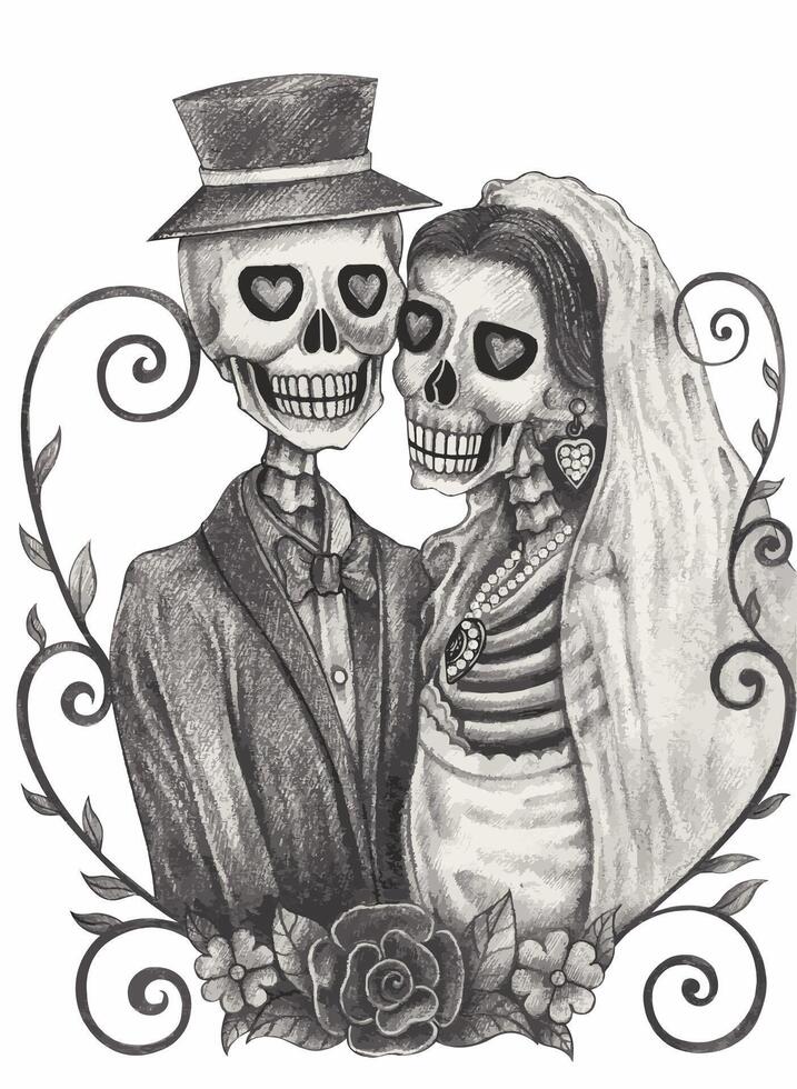 Skeleton lovers couple wedding day of the dead design by hand drawing on paper. vector