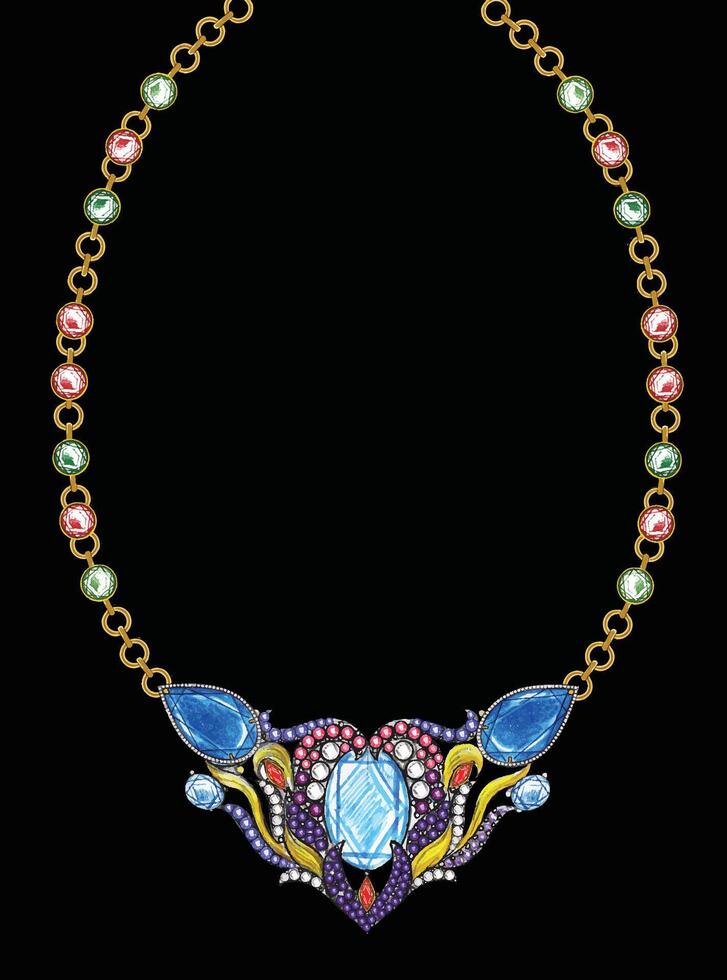 Jewelry design vintage art set with fancy sapphire necklace sketch by hand drawing. vector