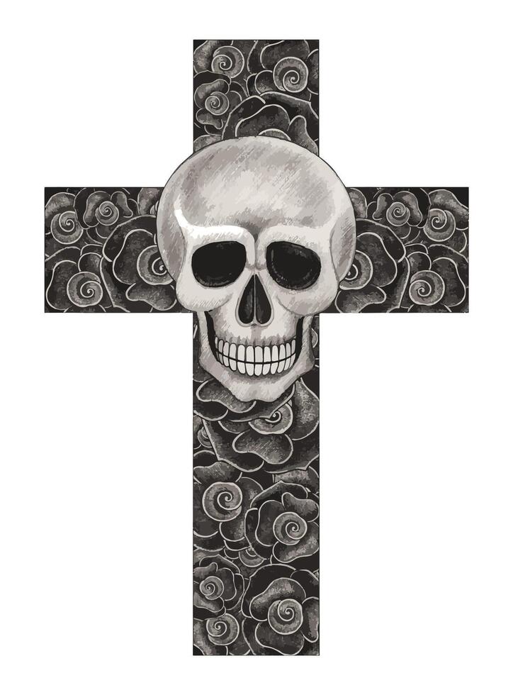 Skull and rose cross tattoo design by hand drawing on paper. vector