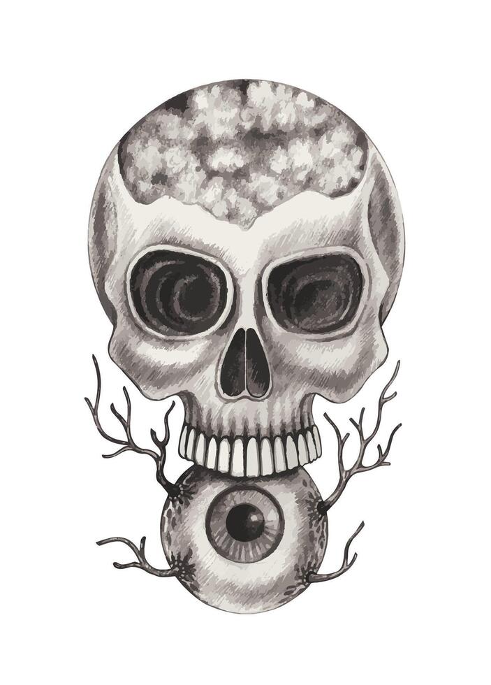 Surreal art skull tattoo design by hand drawing on paper. vector