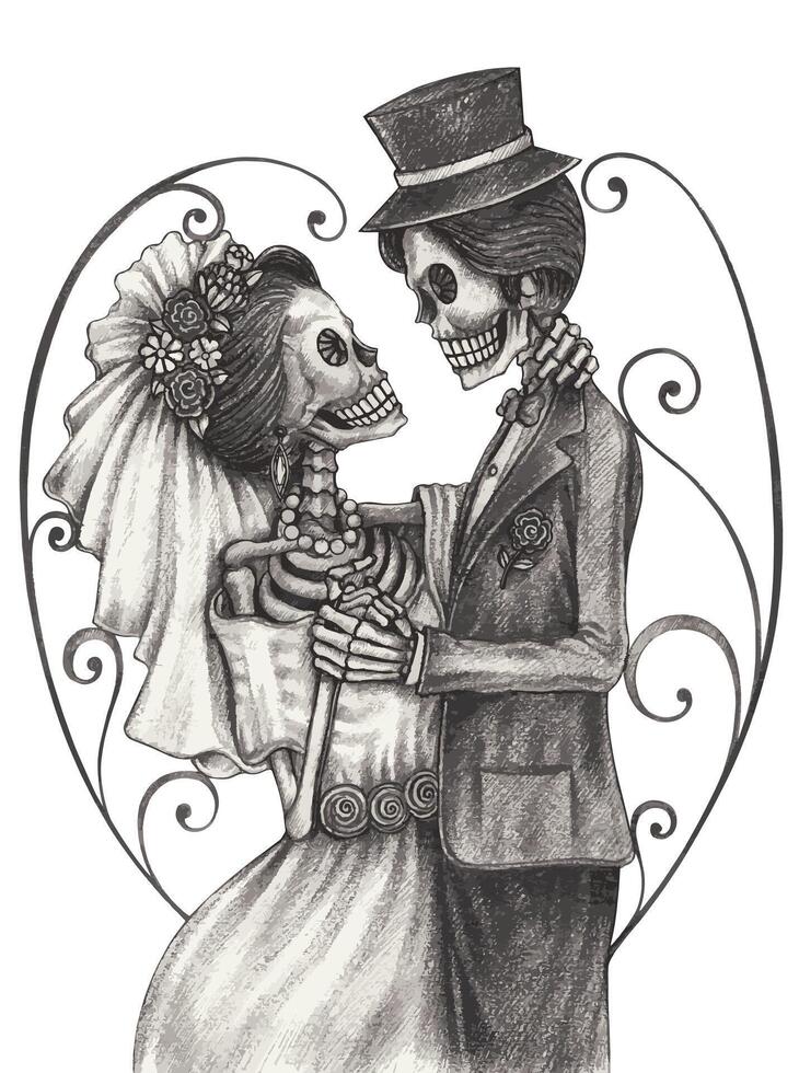 esqueleto amantes Pareja Boda día de el muerto diseño por mano dibujo en papel. vector