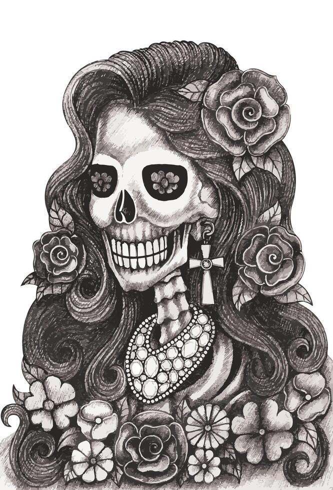 Female skeleton fashion model day of the dead design by hand drawing on paper. vector