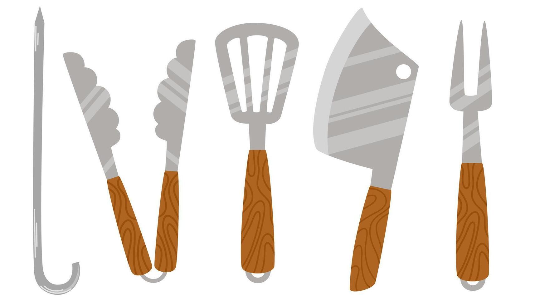 BBQ tools set. Grilling utensils, metal knife, tongs, spatula, fork and skewers for barbecue meat cooking. Barbeque supplies kit. Flat vector illustration of cutlery isolated on white background