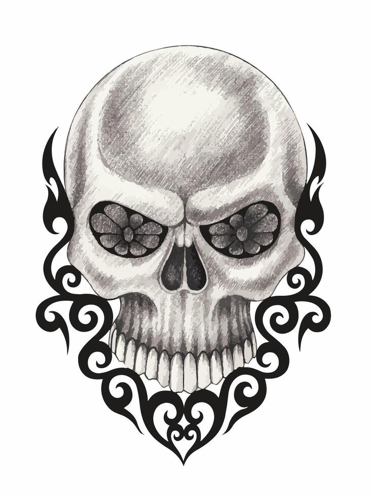 Skull tattoo design by hand drawing on paper vector