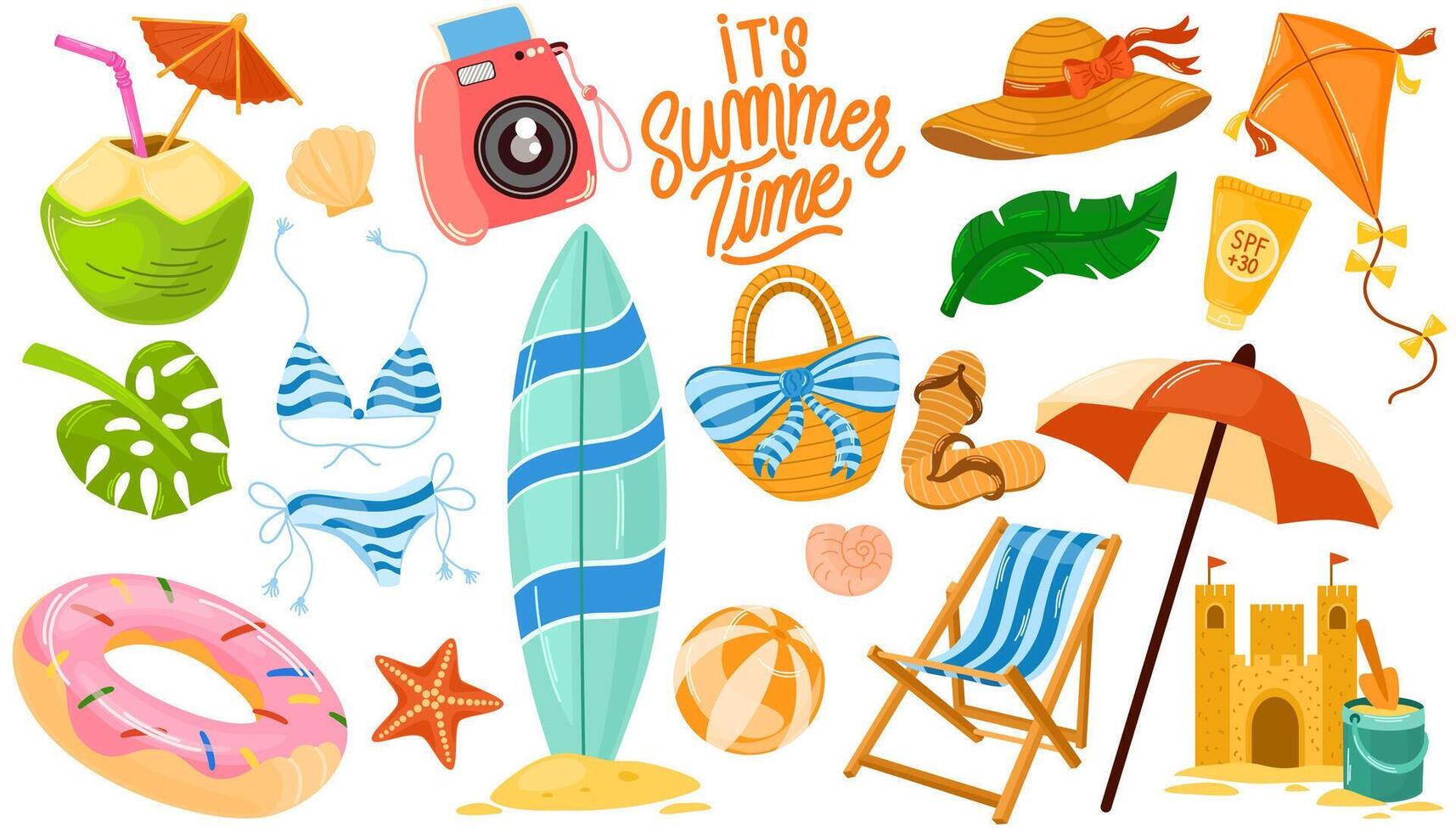 Summer Stickers Set for daily planner. Tropical vacation. Collection of scrapbooking elements for beach party. Vector hand draw illustration