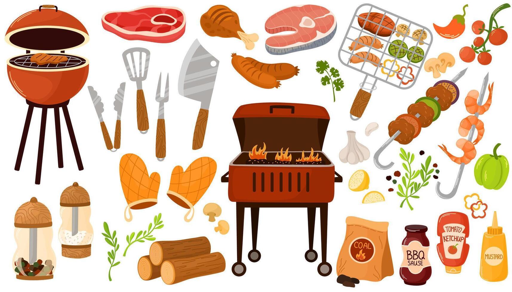 Barbecue elements set. Collection of equipment for cooking bbq - grill, coal, brazier, skewer, sausages, fish, seasonings, chicken and meat. Vector hand draw flat illustration isolated on white.