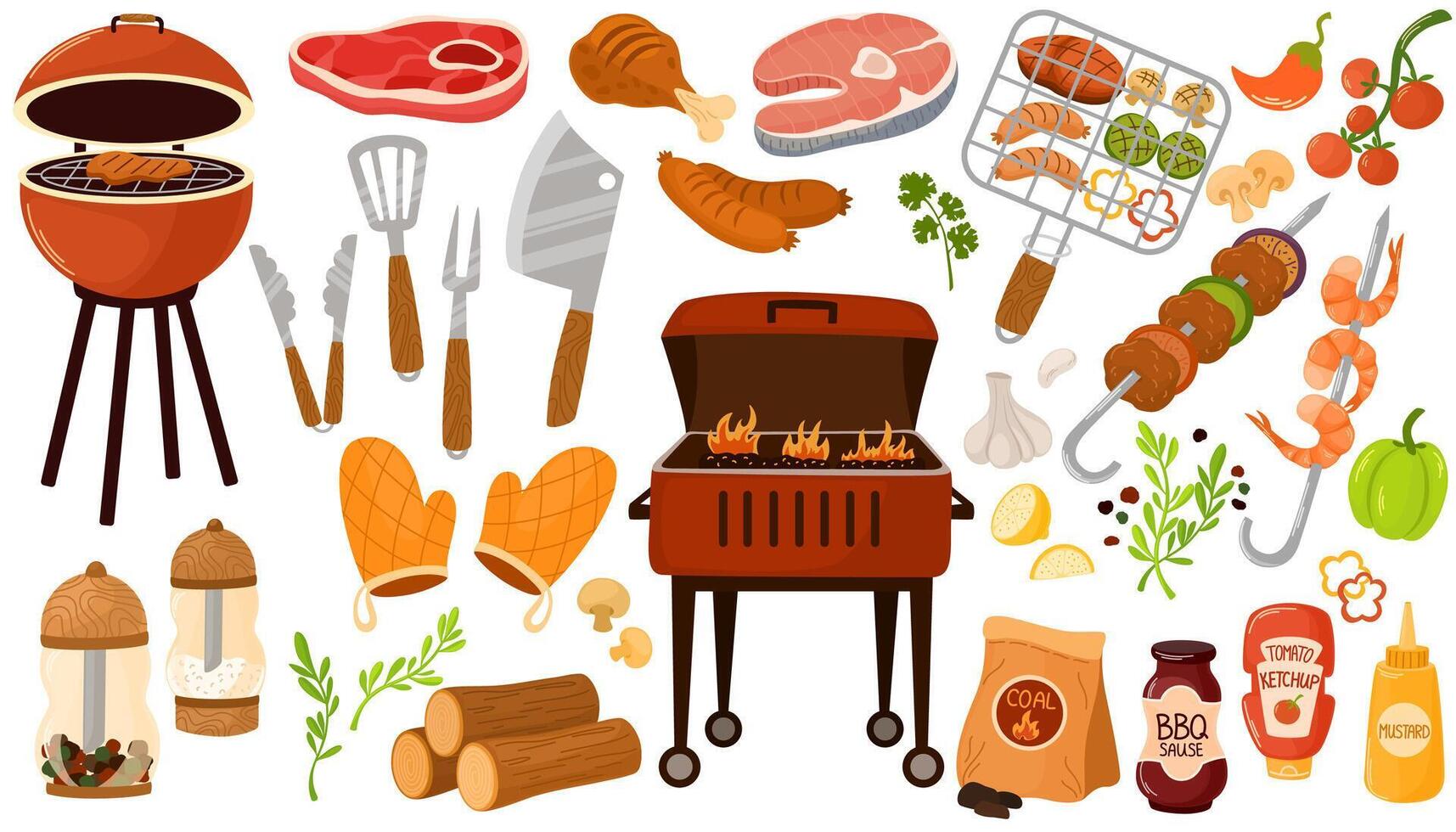 parilla elementos colocar. colección de equipo para Cocinando barbacoa - parrilla, carbón, brasero, brocheta, salchichas, pez, condimentos, pollo y carne. vector mano dibujar plano ilustración aislado en blanco.