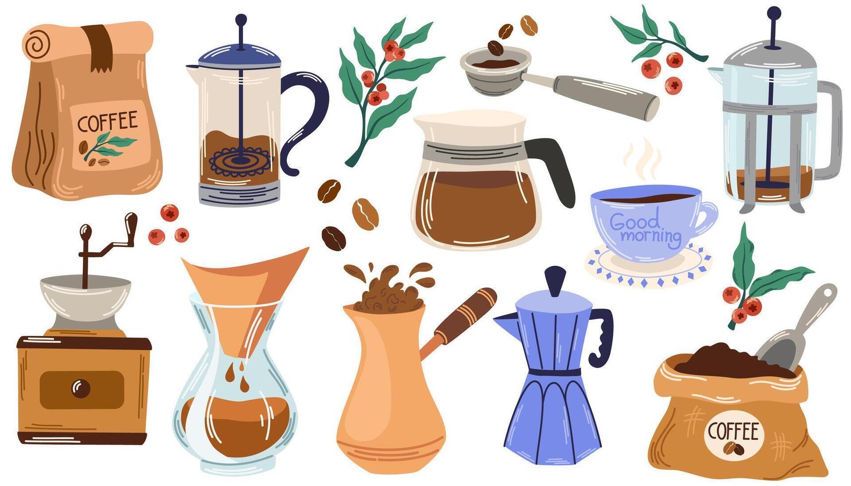 Coffee elements set. Machine, brewing tools, accessories, paper cups, glasses, beans, bags and bakery. Coffeehouse stuff, grinder, cezve, kettle. Flat vector illustrations isolated on white background