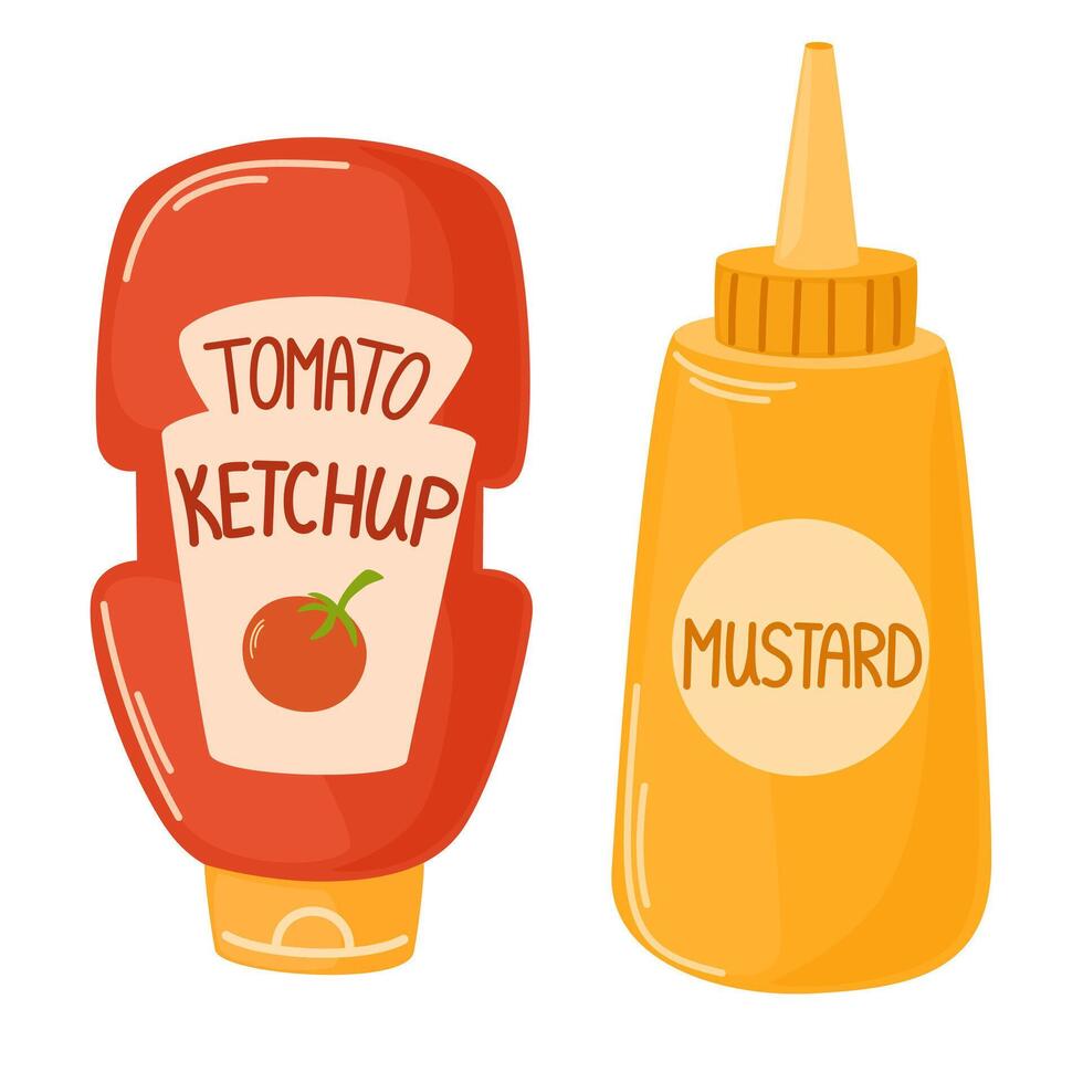 Ketchup and mustard sauces in plastic bottles. Red tomato catsup and yellow dressing in containers. American spicy condiments for fast food. Flat vector illustration isolated on white background