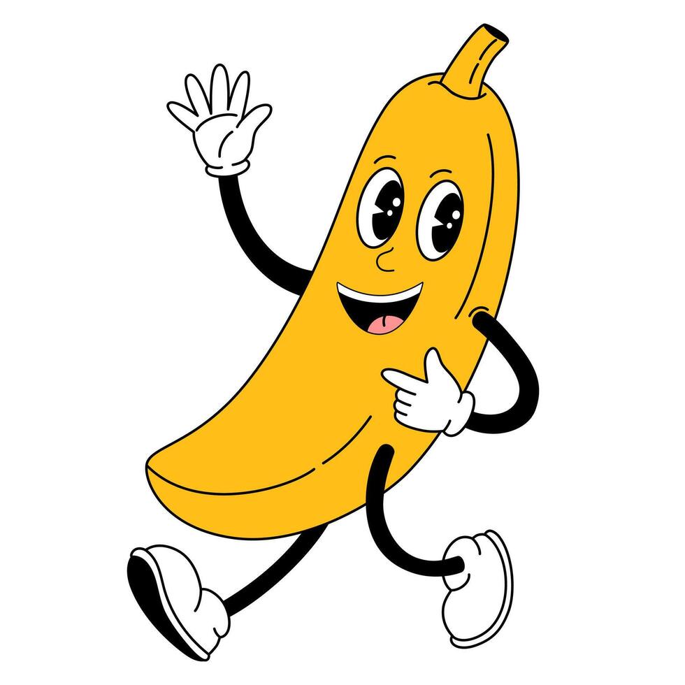 Groovy banana fruit. Hand draw Funny Retro vintage trendy style fruit cartoon character. Doodle Comic vector illustration