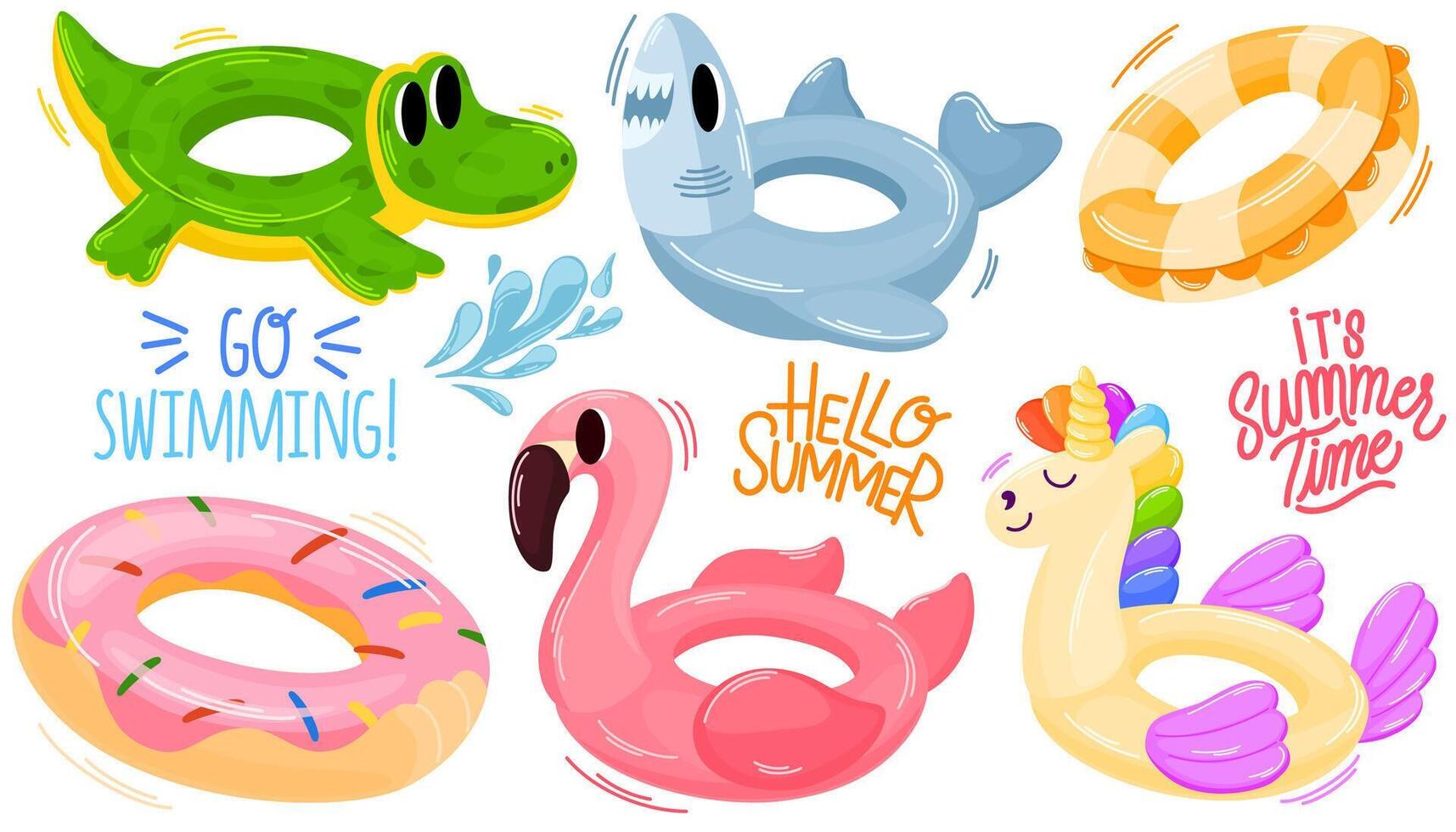 Inflatable circles swimming rings set. Summer pool rubber rings. Flamingo, donuts, rainbow unicorn, crocodile and shark. Inflatable rubber toy for water and beach. Vector hand draw illustration